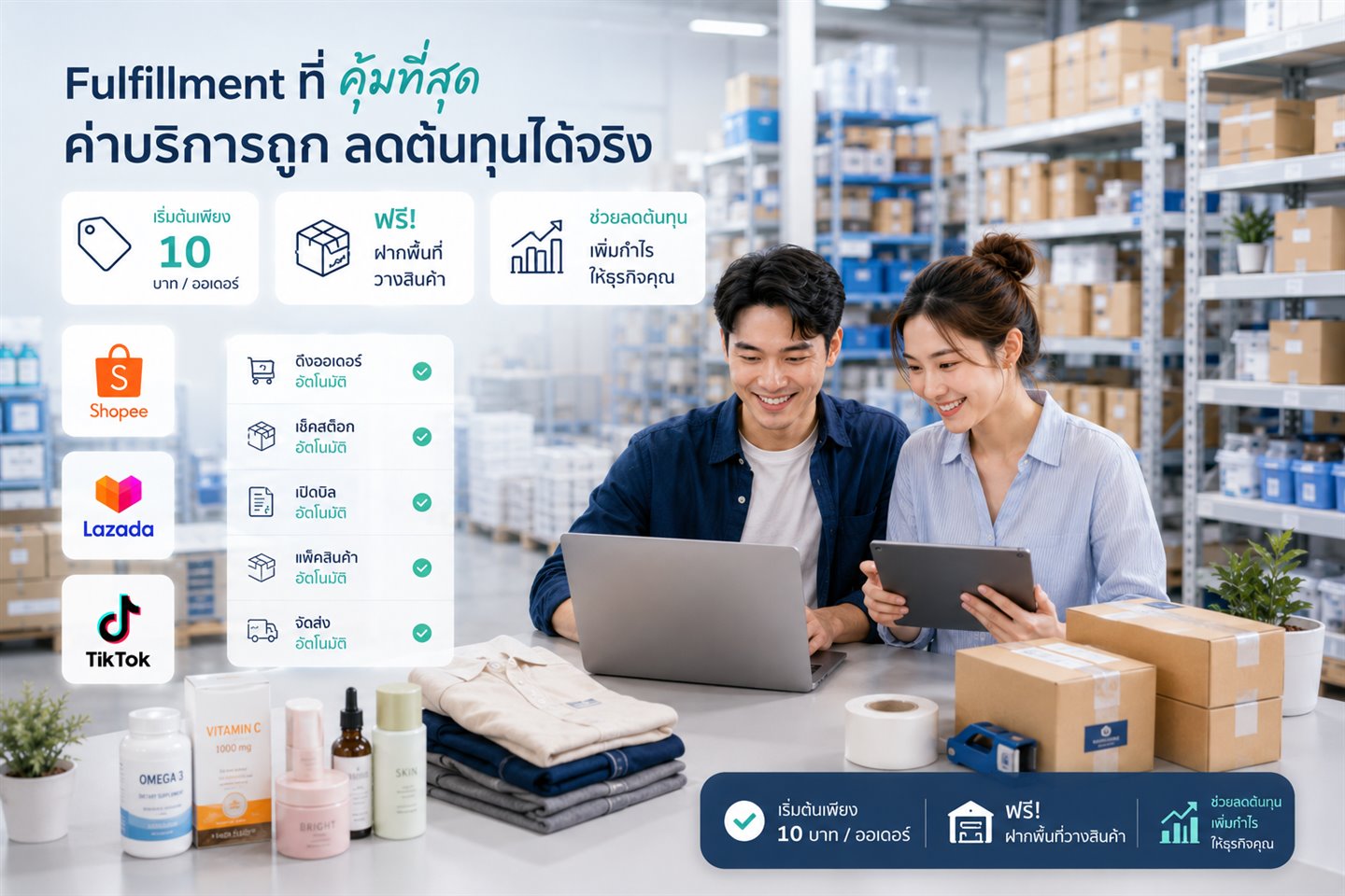 Fulfillment ค่าบริการถูก เริ่มต้น 10 บาทต่อออเดอร์ ค่าฝากพื้นที่ฟรี สำหรับร้าน SME ที่ขายผ่าน Shopee Lazada และ TikTok