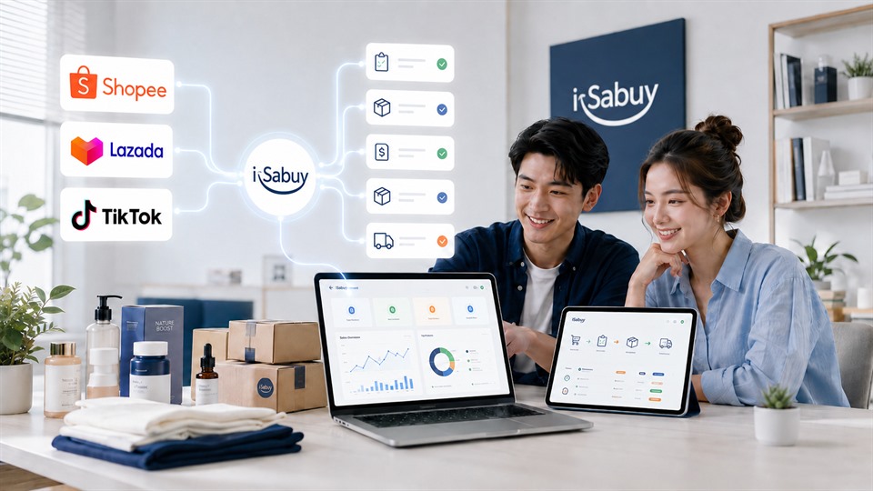 ภาพรวม Flow API ที่รวมออเดอร์จาก Shopee Lazada และ TikTok เข้า i-Sabuy แล้วส่งต่อไปยังขั้นตอนจัดการออเดอร์อัตโนมัติ